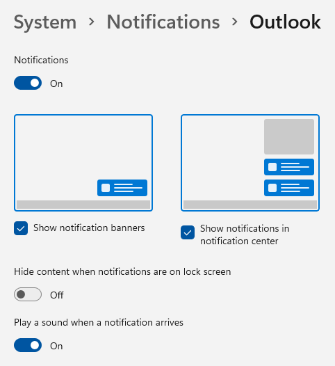 Default Notification Settings for Outlook in Windows 11.