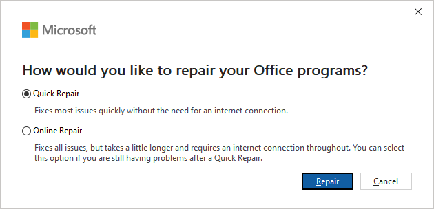 Office Repair; How would you like to repair your Office programs? Quick Repair / Online Repair