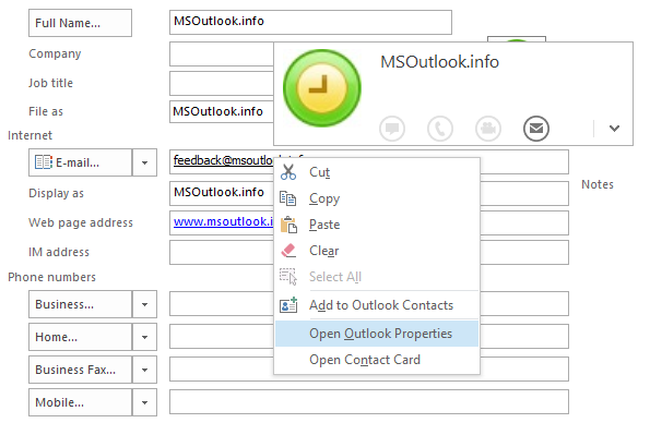Outlook Properties for Contacts
