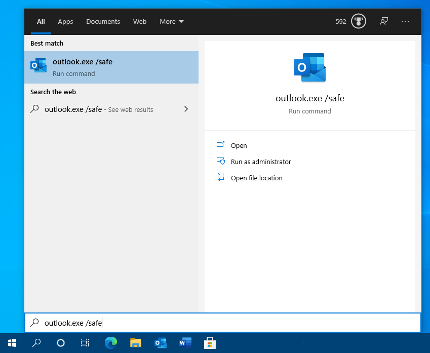 Starting Outlook in Safe Mode from the Start Menu or Search feature in Windows 10.