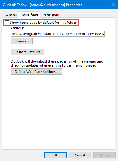 Disable home page option to show Outlook Today as a normal folder.