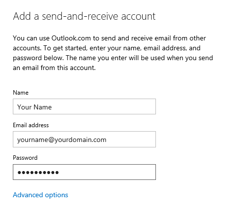 Hotmail - Add an email account - Account configuration details.