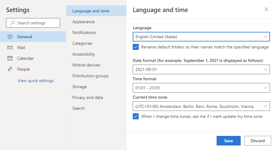 Changing the language of the default folders in Outlook on the Web for Microsoft 365 Exchange Online and Outlook.com.