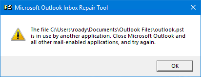The file <path to pst-file> is in use by another application. Close Microsoft Outlook and all other mail-enabled applications, and try again.
