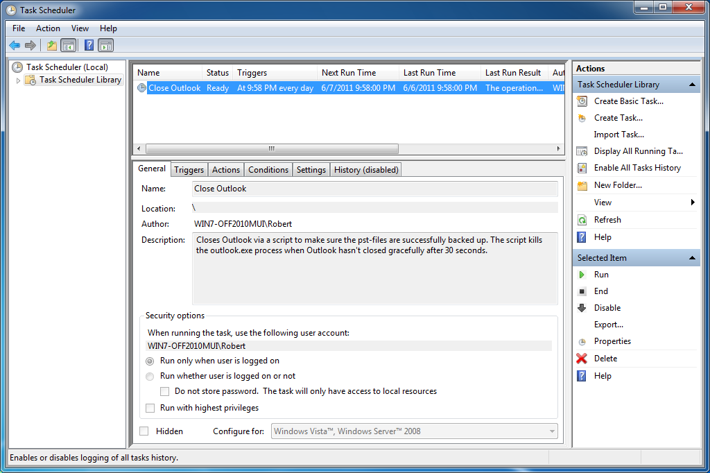 Closing Outlook via a Scheduled Task can prevent failed automated backups of your pst-files.