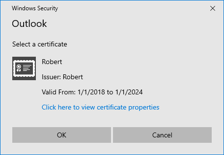 Certificate selection dialog in Windows 10.