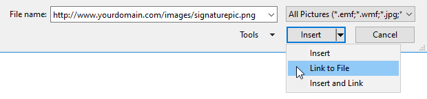 Inserting a link to a picture on the Internet in the Outlook Signature Editor.