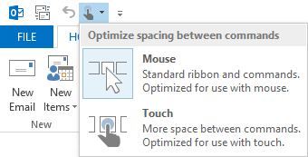 Optimize Outlook for use with fingers by enabling Touch Mode.
