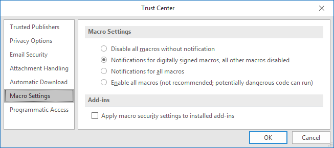 Verify that your macro security level is set correctly.