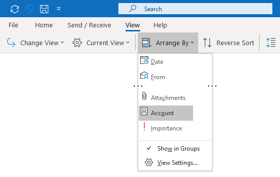 Changing the Arrange By setting to Account in Outlook for Microsoft 365.