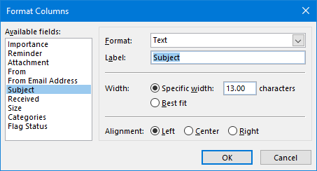 Format Columns - Removing the label from the Subject column.