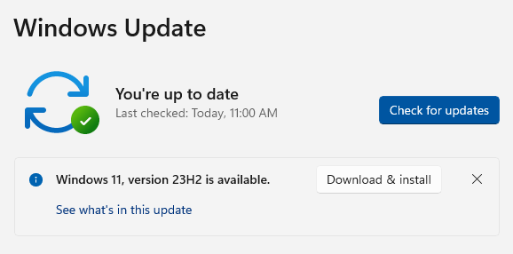 Feature update to Windows 11, version 22H2, available.